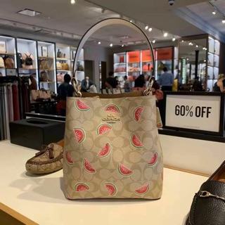SMALL TOWN BUCKET BAG IN SIGNATURE CANVAS WITH WATERMELON PRINT (COACH 1619) IM/LT KHAKI/RED ...