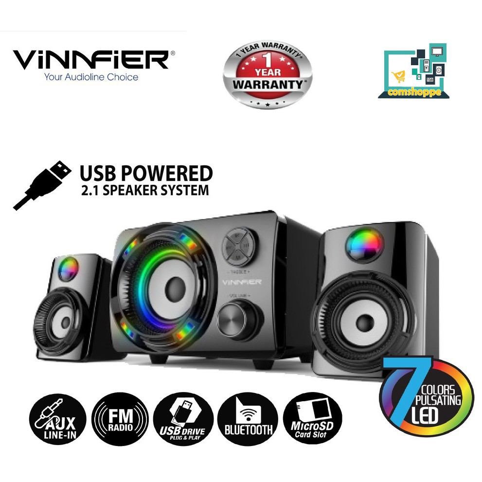 Vinnfier VF ECCO 3 BTU 2023 Bluetooth Speaker 2.1 Stereo 7 Color Pulsating LED 2.1 speaker FM Radio Micro SD card