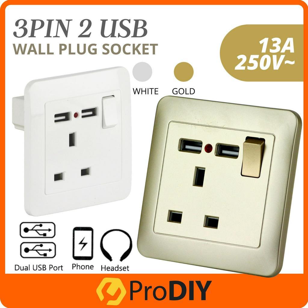 1 Gang 3 Pin 2 USB Socket Switch UK Plug Wall 13A 250V Power Panel