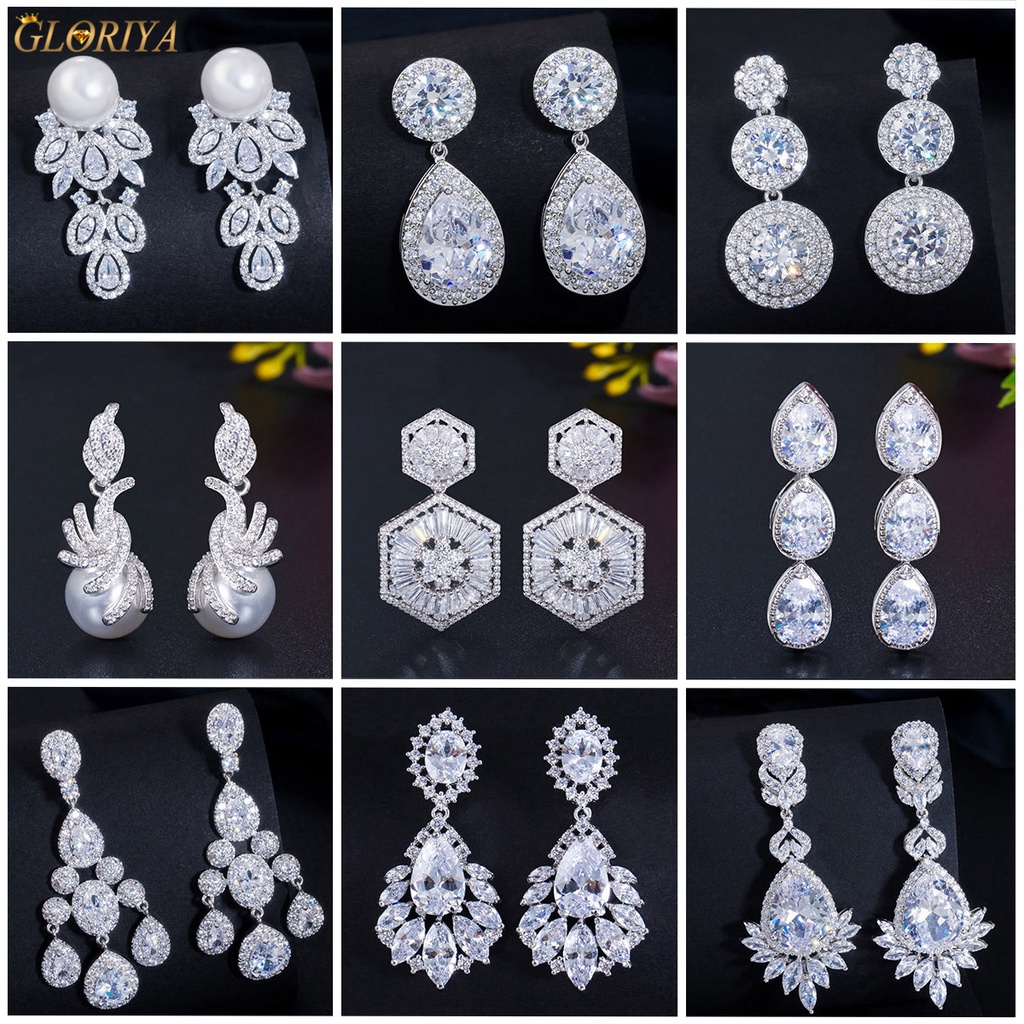 Gloriya Bridal White Gold Plated Cubic Zircon Crystal Earing Wedding Silver Plated Diamond Drop Dangle Earrings for Women Brides Jewelry E561