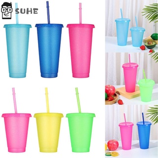 SUHE 1pcs Portable Drinking Cup Personalized Flash Powder Straw Cup Reusable Drinkware Outdoor Plastic Shiny Water Bottle With Straws/Multicolor