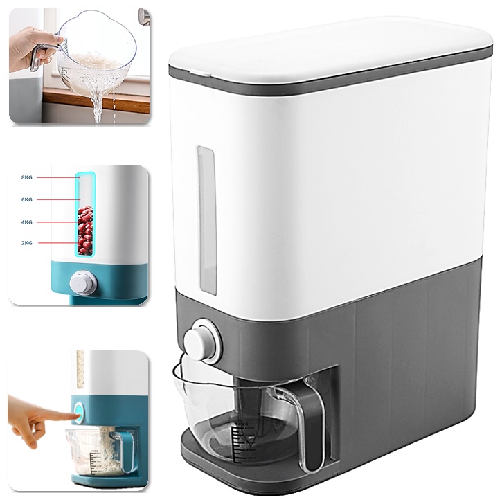 2IN1 10kg Dry Food Grain Dispenser Rice Bucket Cereal Plastic Container Storage Box Tank Bekas Beras + Rice Strainer Cup