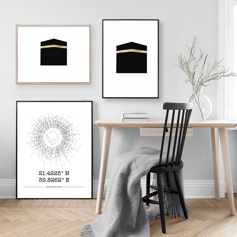 Mecca Coordinates Wall Art Print Ramadan Decoration , Minimal Islamic Canvas Painting Black White Wall Picture Home Room Decor