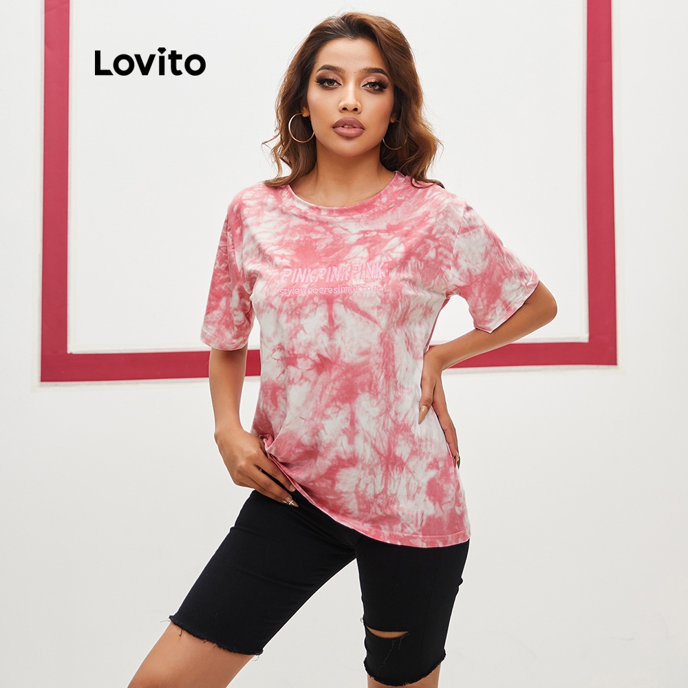 Lovito Korean Style Short Sleeve T-Shirt Oversized Tie Dye Women Casual Loose Plus Size Blouse Baju T Shirt Perempuan Unisex Comfortable Tee L02005 (Blue)