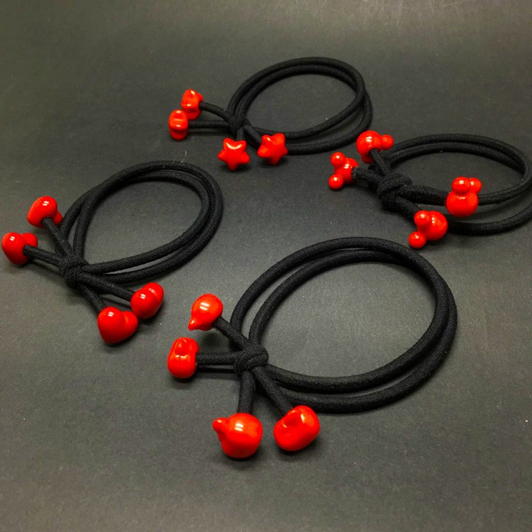 Korean Version Of The Two In One Knot Red Beads Cartoon Hair Rope