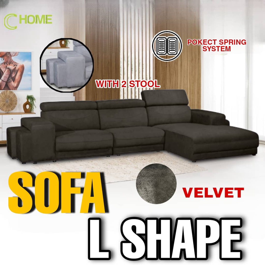 C HOME:-Sofa L Shape Modern Design / Flash Deals with 2 stool velvat  material | Shopee Malaysia