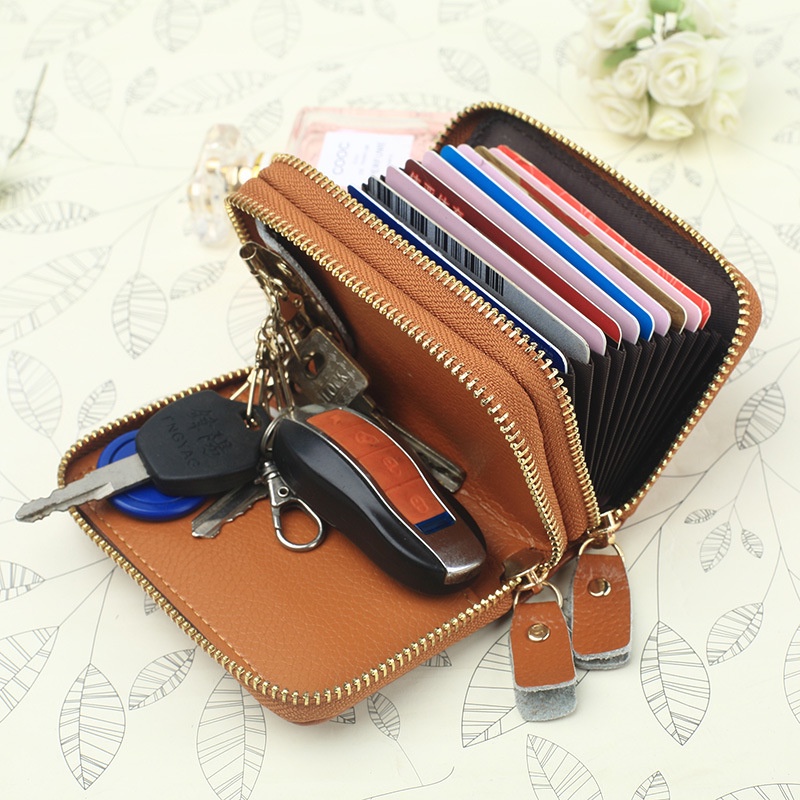 First Layer Cowhide Expanding Card Holder Double Layer Zipper Wallet