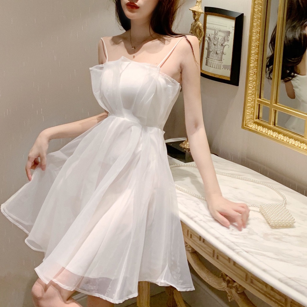 [Little Fairy] Ready Stock new Style Puff Gauze skirt Summer Sexy Influencer Sling Dress Small A-Line Short Waist-Tight  Western "Little Fairy" seersucker