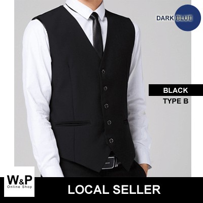 WP Men Formal Slim Fit 5-Button Waistcoat Vest - Black / Dark Blue (Type B)