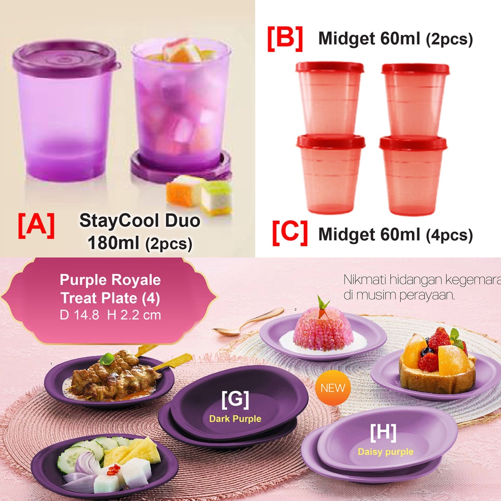 [Tupperware] Purple Royale Treat Plate (4pcs)/ StayCool Duo 180ml (2pcs) / Midget 60ml (2/4pcs)/ Snack Cups 110ml (4pcs)