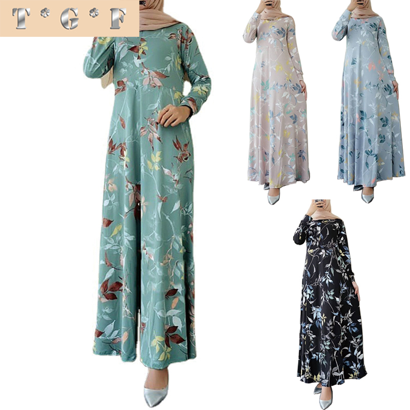 Printed Dress Long Sleeve Round Neck Large Skirt Micro Elastic Fabric Malaysian Muslim Fashion Robe