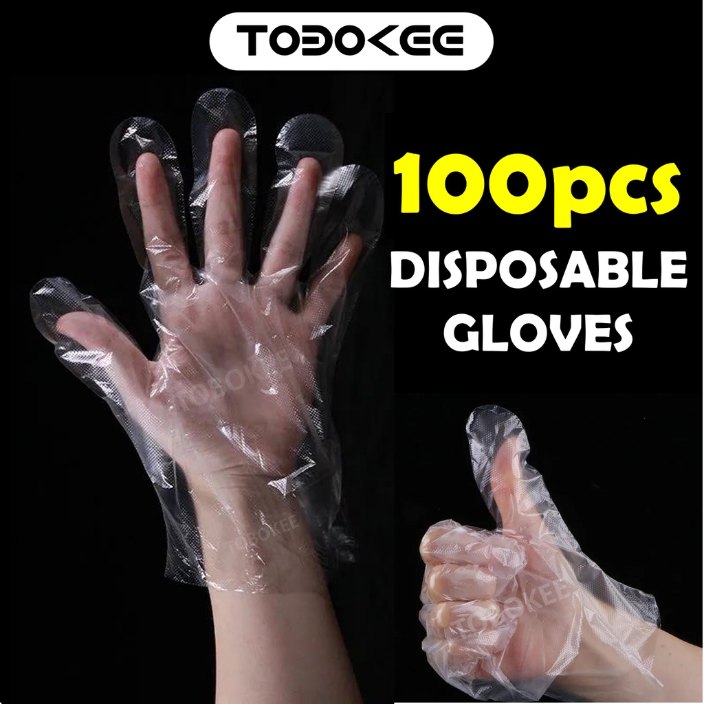 100 PCS Disposable GloveFood Grade Plastic Kitchen Hygiene Hand Glove Free Size Sarung Tangan Plastik PE Glove