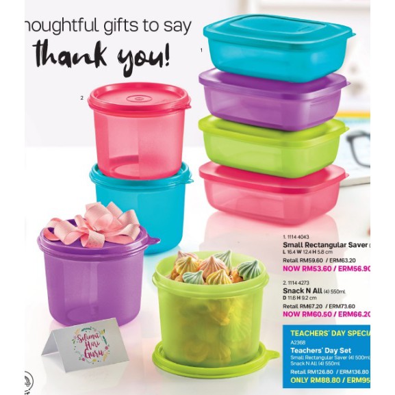 Tupperware Snack N All (550ml x 4 Pcs), Small Rectangular Saver (500ml x 4 Pcs)