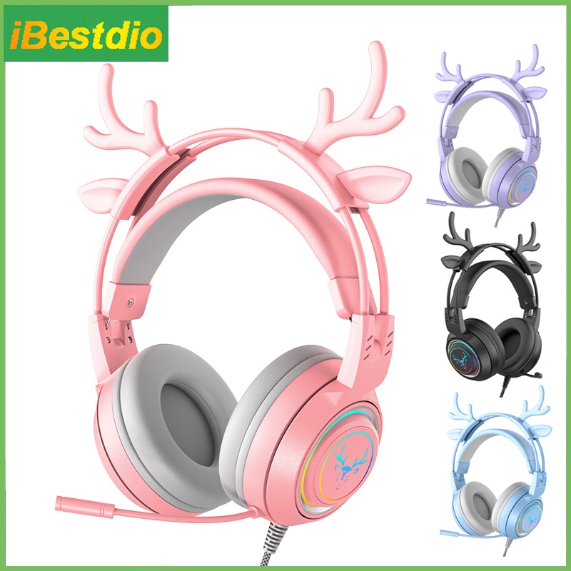 Pink/Purple/Blue/Black Deer Ears Gaming Headset RGB Light PC Gamer Wired Stereo Headphones with Microphone