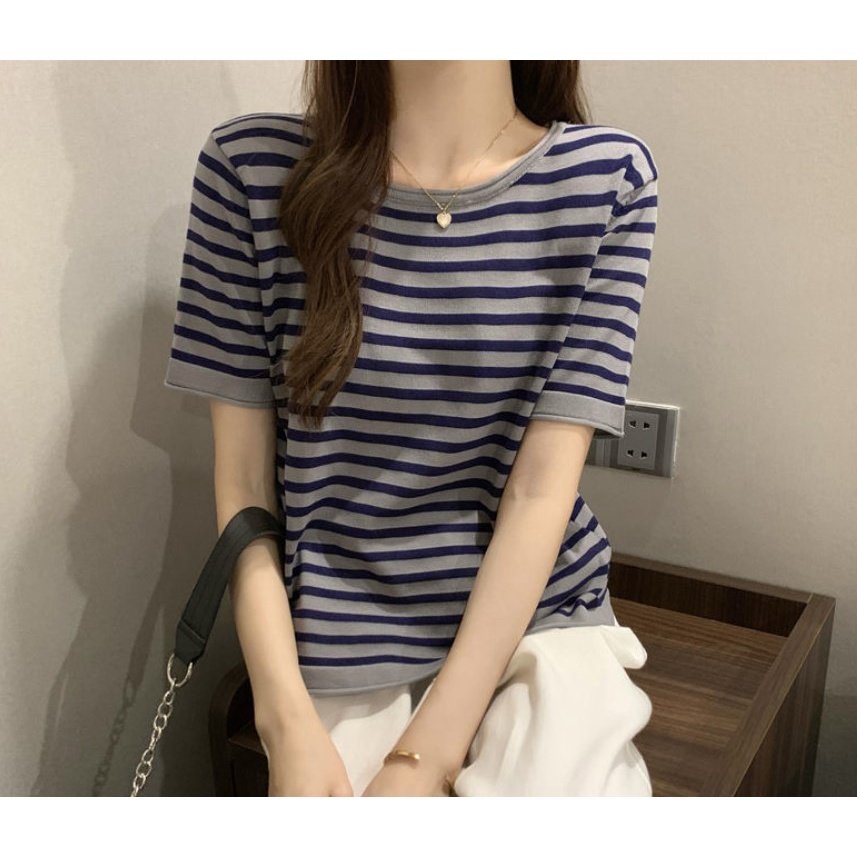 SA7532 -Fesyen Baju Siap Stok Malaysia. Ready Stock Knitted Material Women Top Knitwear条纹短袖针织