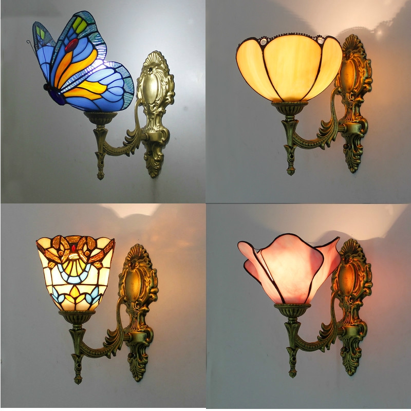 Baroque Vintage Turkish Wall Lamp Bedroom Aisle Corridor Bathroom Stained Glass Lampshade Butterfly Wall Bracket Light