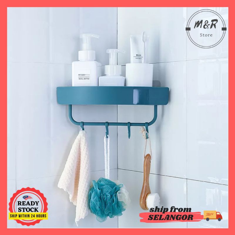 [Ready Stock] No Drill Wall Shelf Bathroom Corner Storage Rack Toilet Corner Shelf Suction