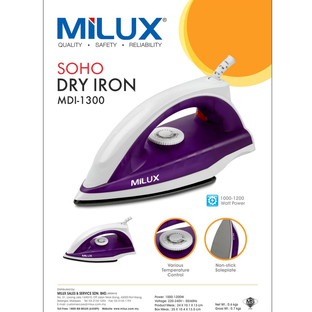 Milux Non Stick Dry Iron 1000 Watt Mdi 1300 Shopee Malaysia