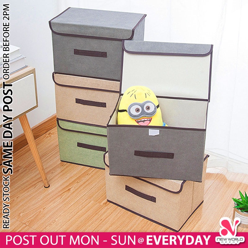 《 》 Korean Foldable Non-woven Wardrobe Linen Collapsible Storage Box Sock Clothes Basket Kotak Simpanan 亚麻储物盒