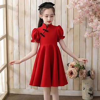 【READY STOCK】kids gown/kids dressGirls' Dress Summer Improved Cheongsam Children's Tang Costume Chinese Style Red Retro Costume Little Girl Western Style