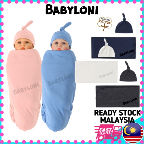 2in1 Newborn Baby Cotton Hat & Swaddle Soft Blanket Wrap Kain Bedung Selimut Barut Bayi Muslin Tuala