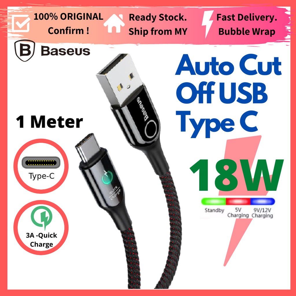 BASEUS Auto Cut Off Disconnect USB Type C Fast Charging Cable 18W 3A 1Meter  Original for Android Samsung Oppo Redmi | Shopee Malaysia
