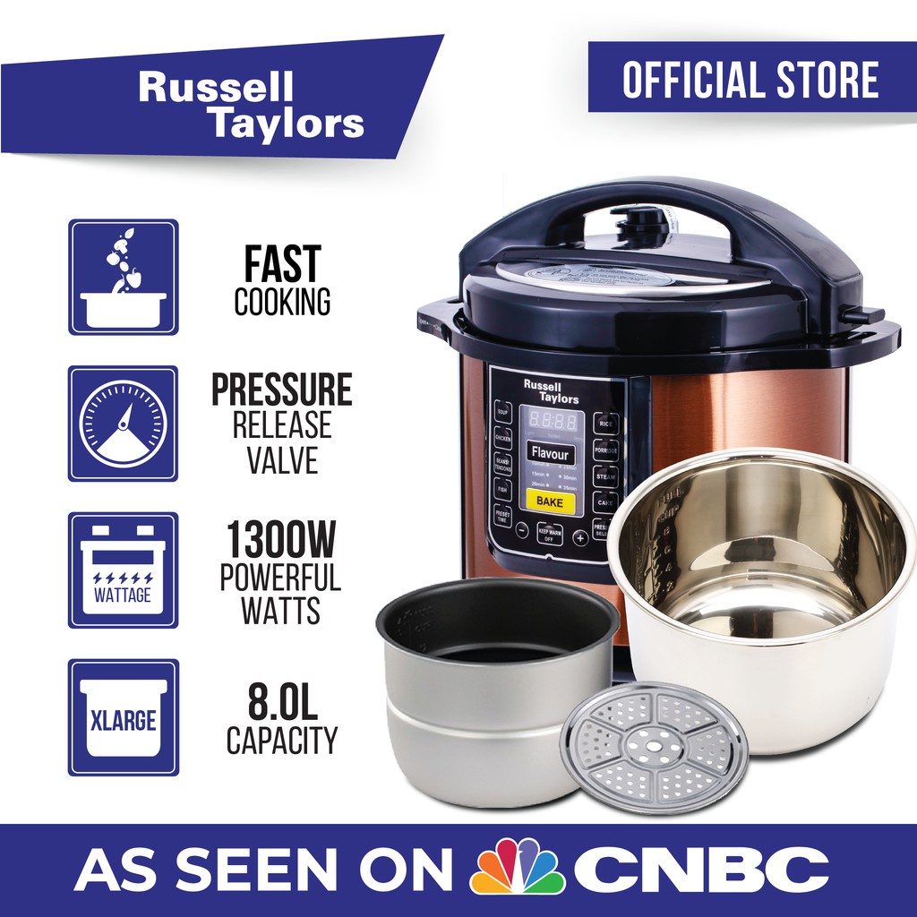 ❧Russell Taylors Dual Pot Pressure Cooker Electric Rice 2 Inner Pots + 1 Steam Rack (8L) PC-80