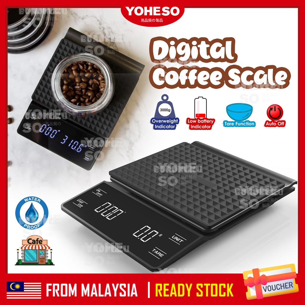 YOHESO Digital Coffee Scale 0.1g3kg Timer Drip Coffee Food Jewellery