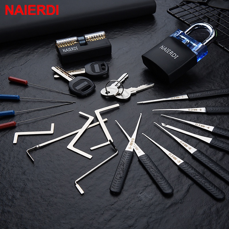 NAIERDI Locksmith Hand Tools Supplies Lock Pick Set Transparent Visible Practice Padlock With Broken Key Removing Hooks Hardware