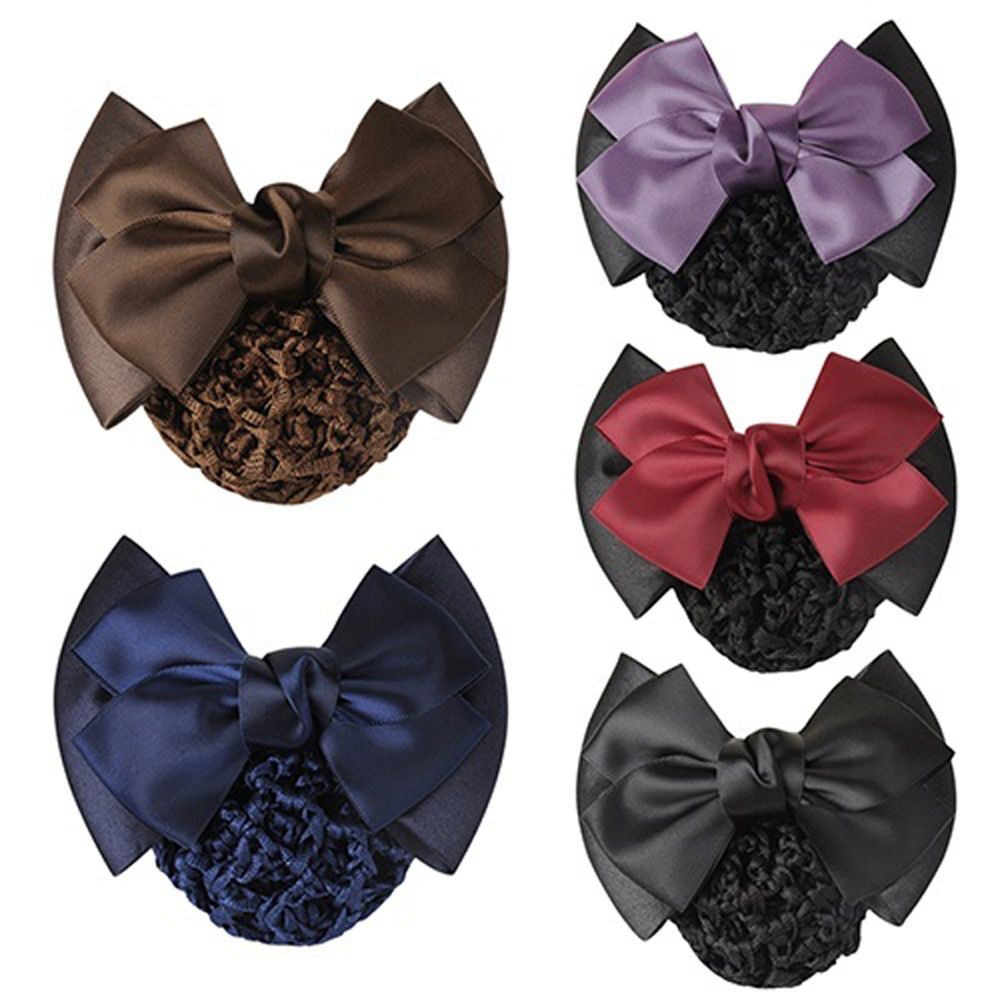 Lady Hair Clip Cover Satin Bowknot Hairpins Net Bun Snood Hair