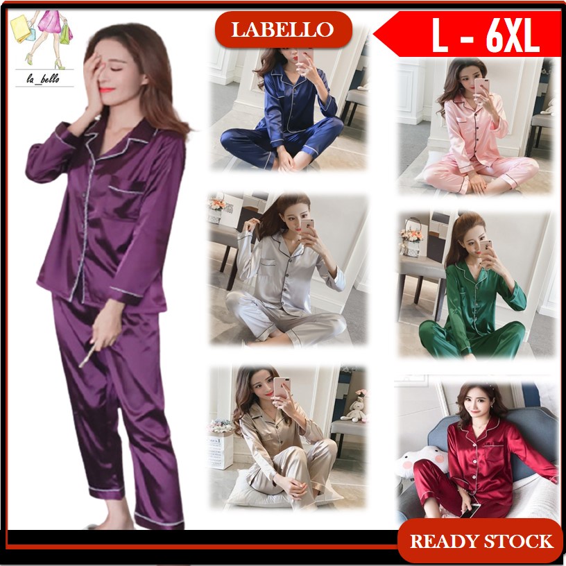 [READY STOCK] NEW BATCH IN [SIZE L - 5XL] Long Sleeve Silk Pyjamas Plus Baju Tidur Wanita Satin Sleepwear Saiz Besar