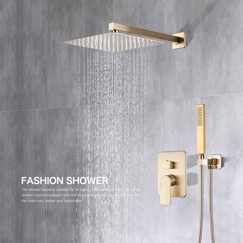 12" Brushed Gold Bathroom Shower Faucet Set Rain Heads Handhled Shower Mixer Tap 