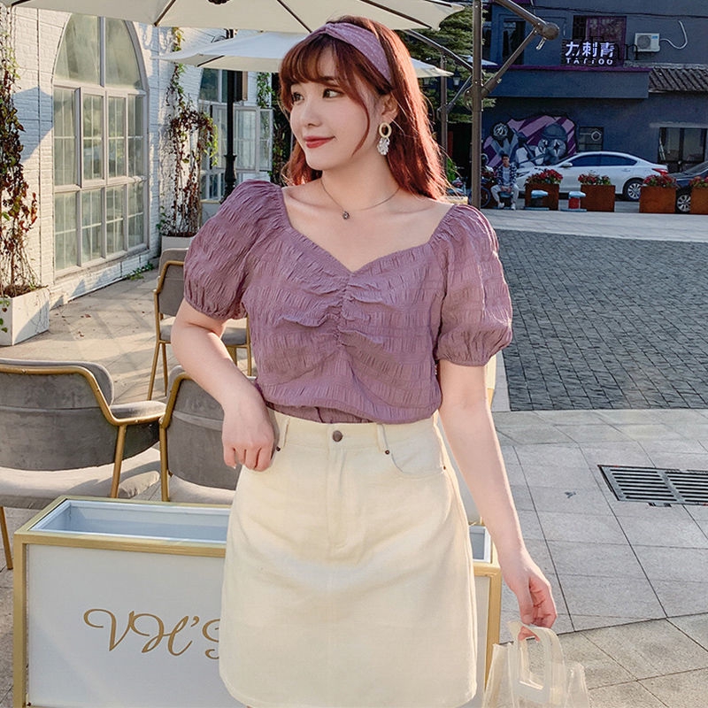 Summer fashionable western style is thin and meat-covering female plus size fat mm sweet purple square neck puff sleeves loose and thin top
