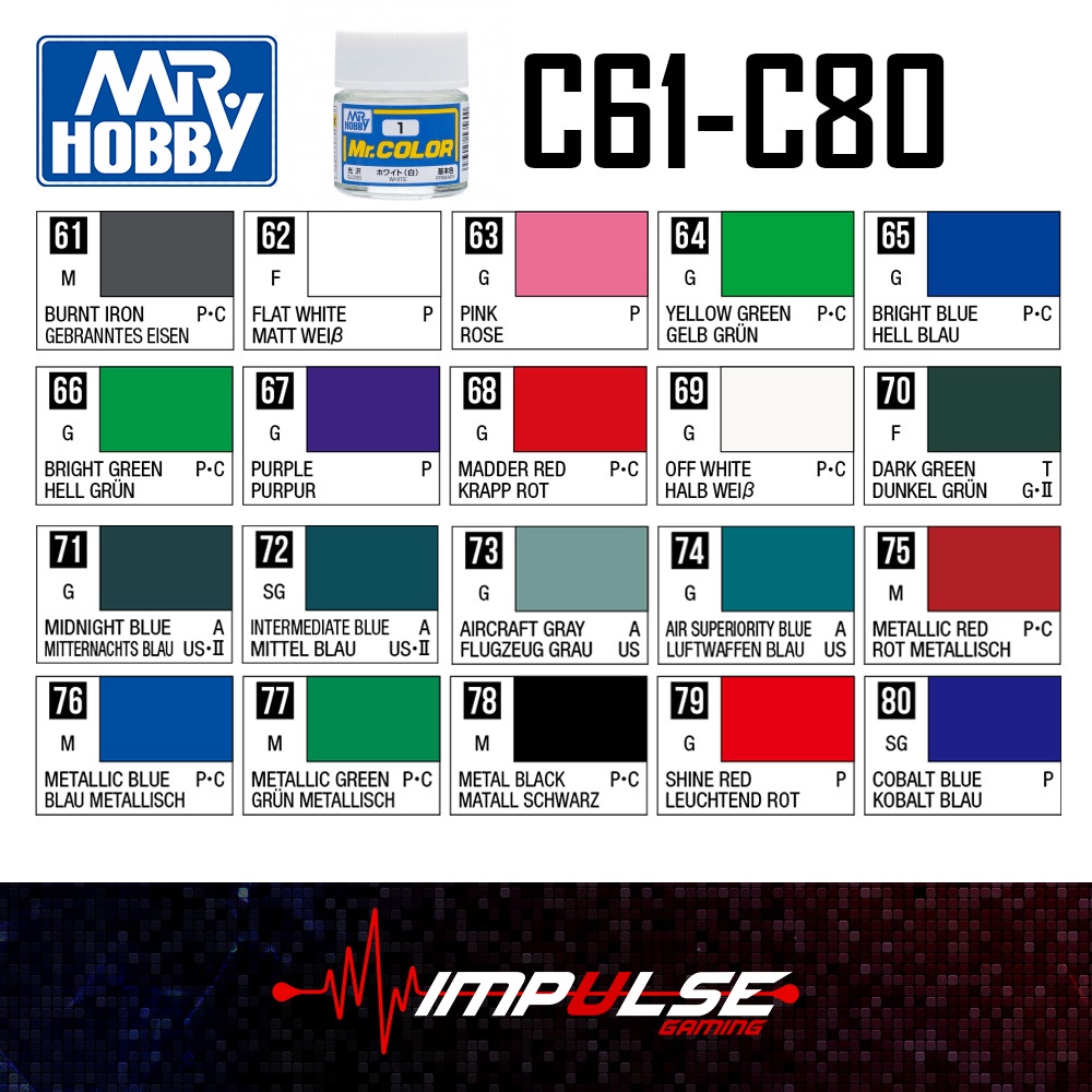 Mr Hobby C61 - C80 Mr Color Iron Flat White Pink Yellow Green Bright Blue  Purple Red Off Dark Green Midnight Metallic | Shopee Malaysia