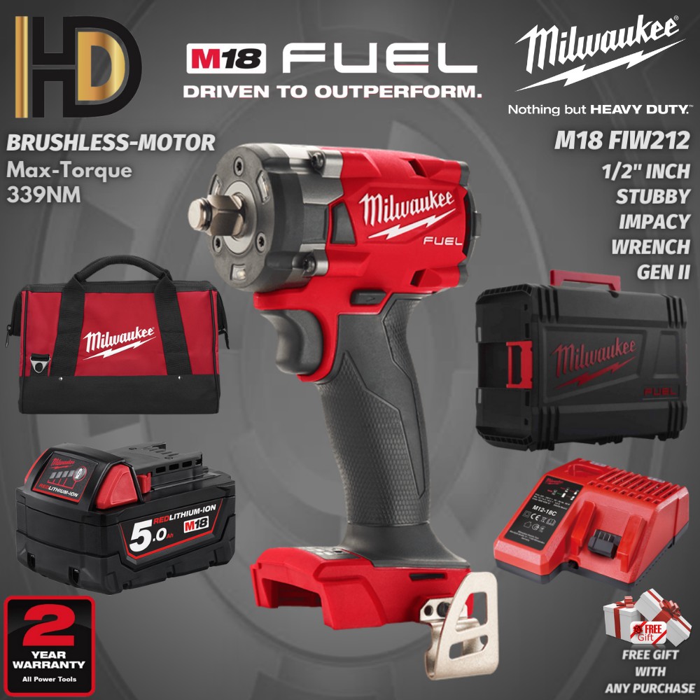 Milwaukee M18 FIW212 FUEL 1/2" Compact Stubby Impact Wrench 339NM GEN 2