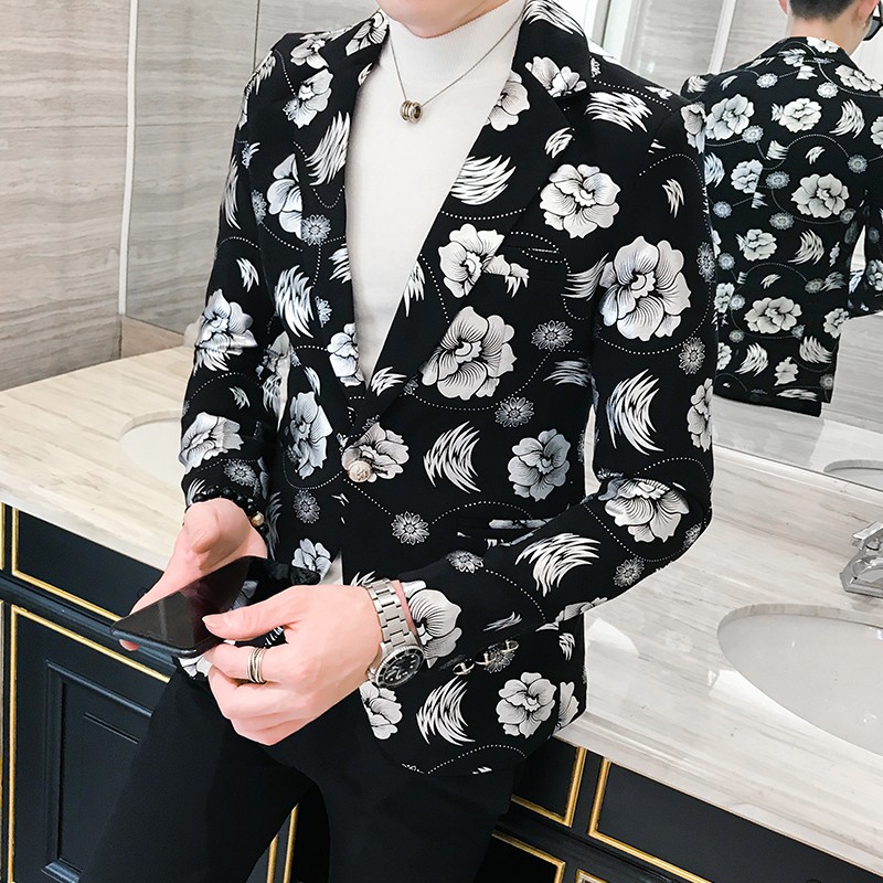 Ready Stock Tuxedos Men S Blazer Jacket Slim Fit Floral Suit Trend Flowers Fashion Men Suit Jacket Silver Gold New Shopee Malaysia