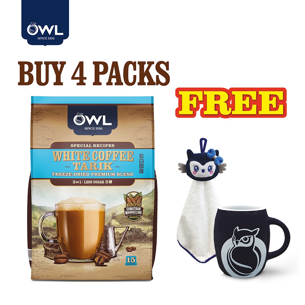 OWL WHITE COFFEE TARIK Less Sugar 3IN1 (4 Packs) + 1 x