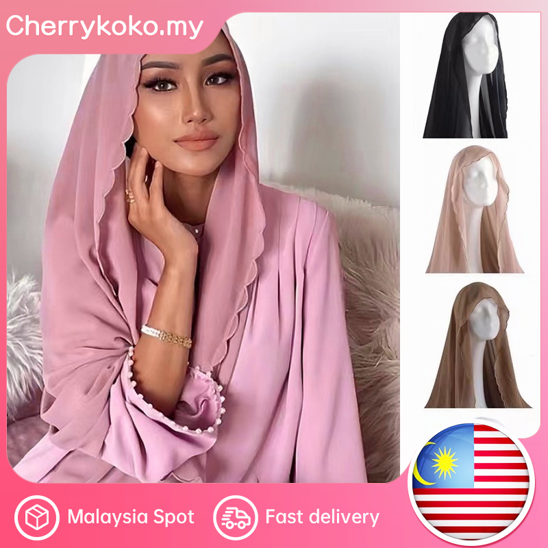 Shawl Sulam Solid Color Pearl Chiffon Embroidered Lace Scarf Muslim Hijab Women Thin All-Match Shawl Tudung Cherrykoko