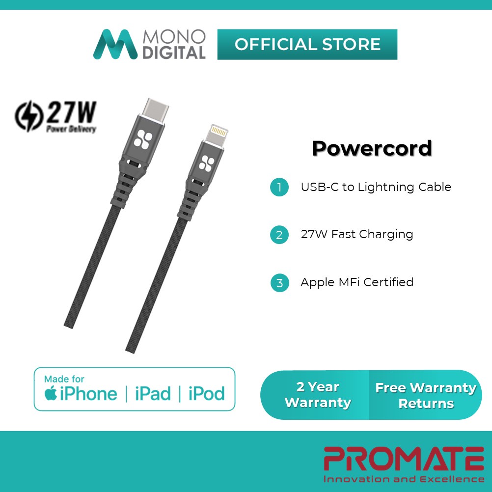 Promate PowerCord USBC to Lightning Cable with Apple MFi Certified