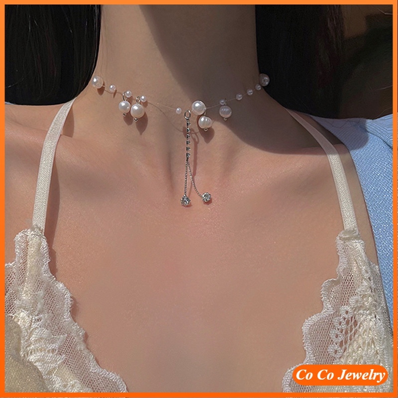 COCOJEWELRY Mermaid Tears Pearl Flash Diamond Tassel Necklace Women's New Light Luxury Small Necklace