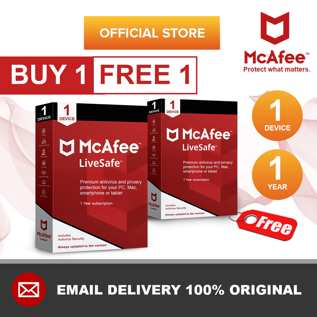 ( Buy 1 FOC 1) McAfee LiveSafe Internet Security & Anti Virus Software Original - 1 Year 1 Device