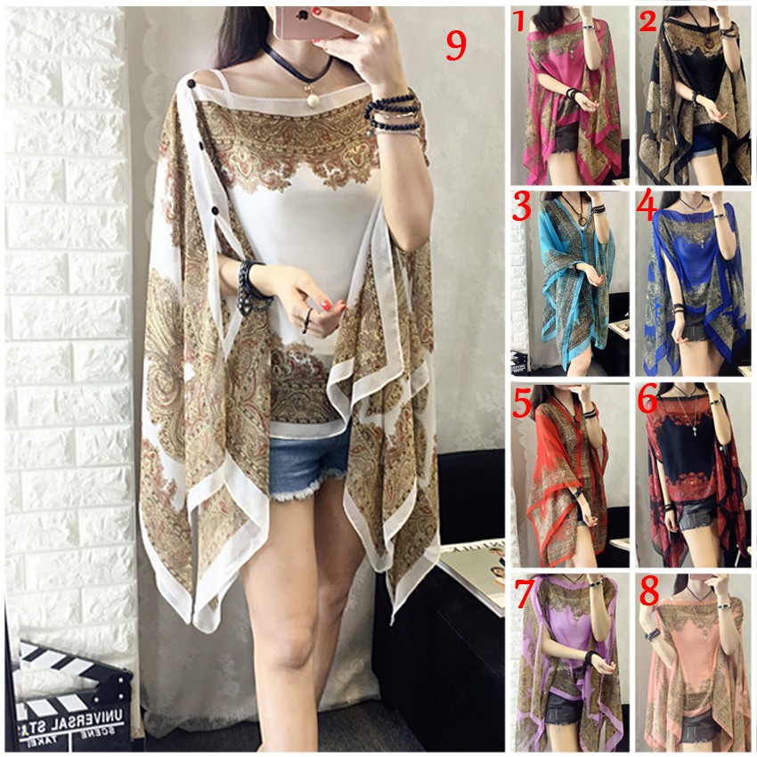 Baju Shawl Batik Silk Women Cloth Scarf Beach Silk Sunscreen Shawl Cape Poncho Baju Cantik