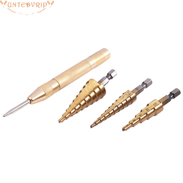 TOUHIA 3 Pcs Step Drill Bit Set Titanium Plated High Speed Steel with Center Punch 