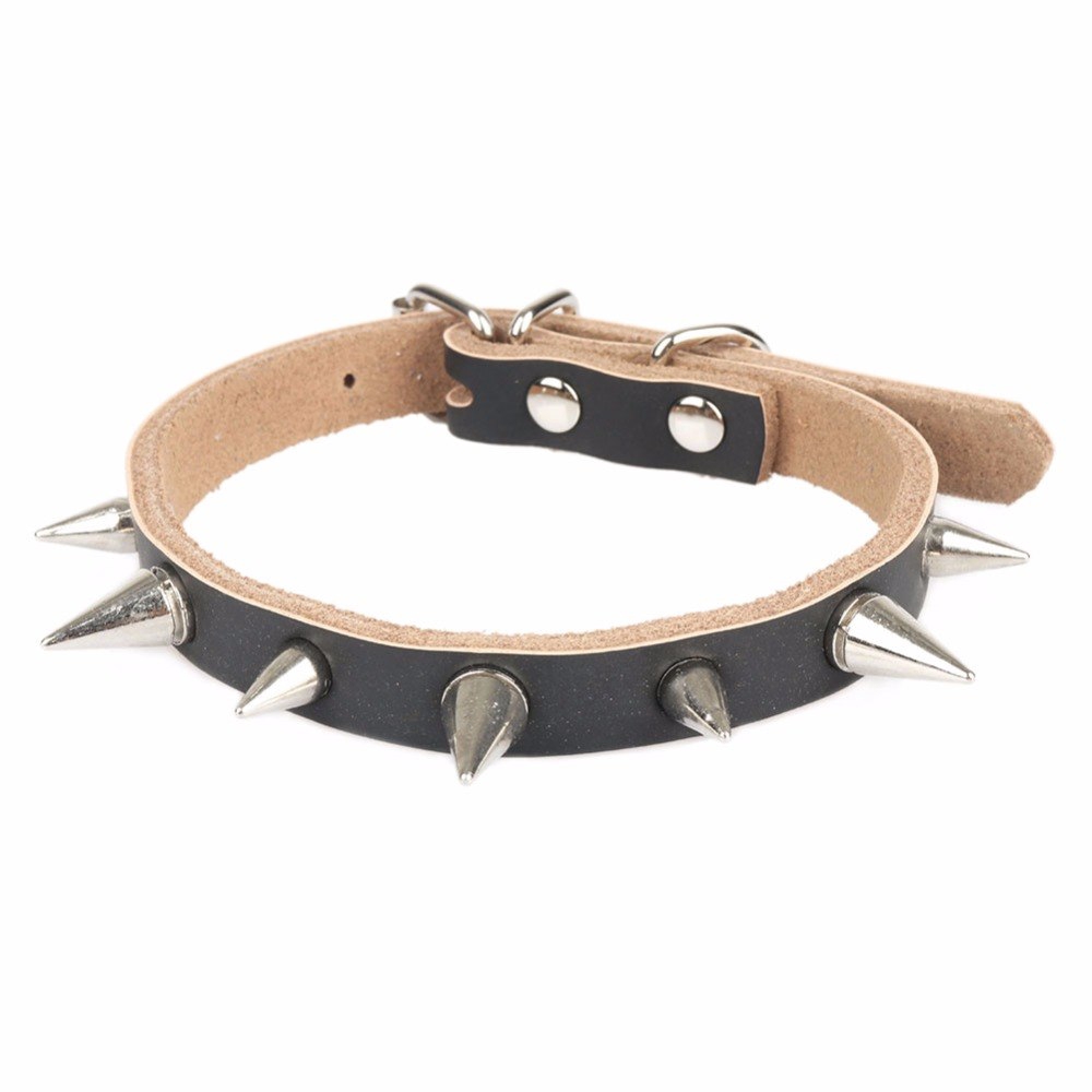 Spiky Rivets Genuine Leather Dog Collar For Small Medium Dogs Pet