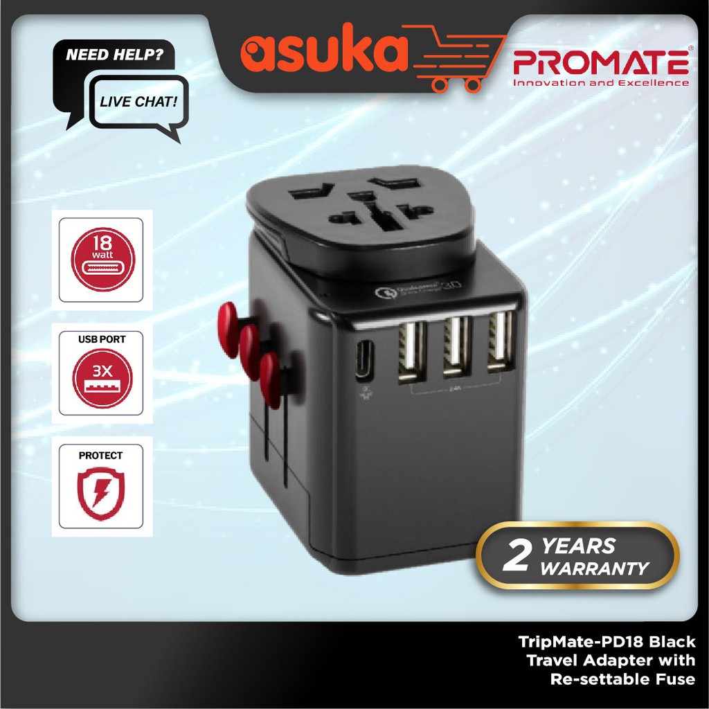 Promate TripMate-PD18 Black Travel Adapter with Re-settable Fuse & 30 Watt Output. Qualcomm 3.0 USB Type-C 18W