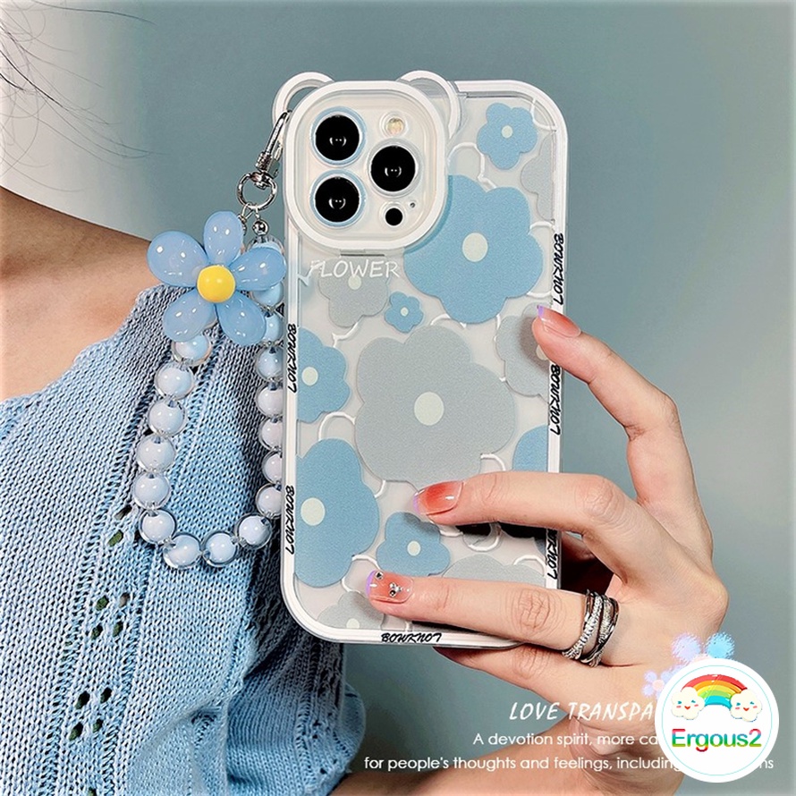 Casing Compatible for iPhone 15 14 13 12 11 Pro Max X Xr Xs Max SE 8 7 6 6s Plus Blue-gray Flower Phone Case Bear Ears All-inclusive Lens Clear Silicone Phone Back Casing Cover