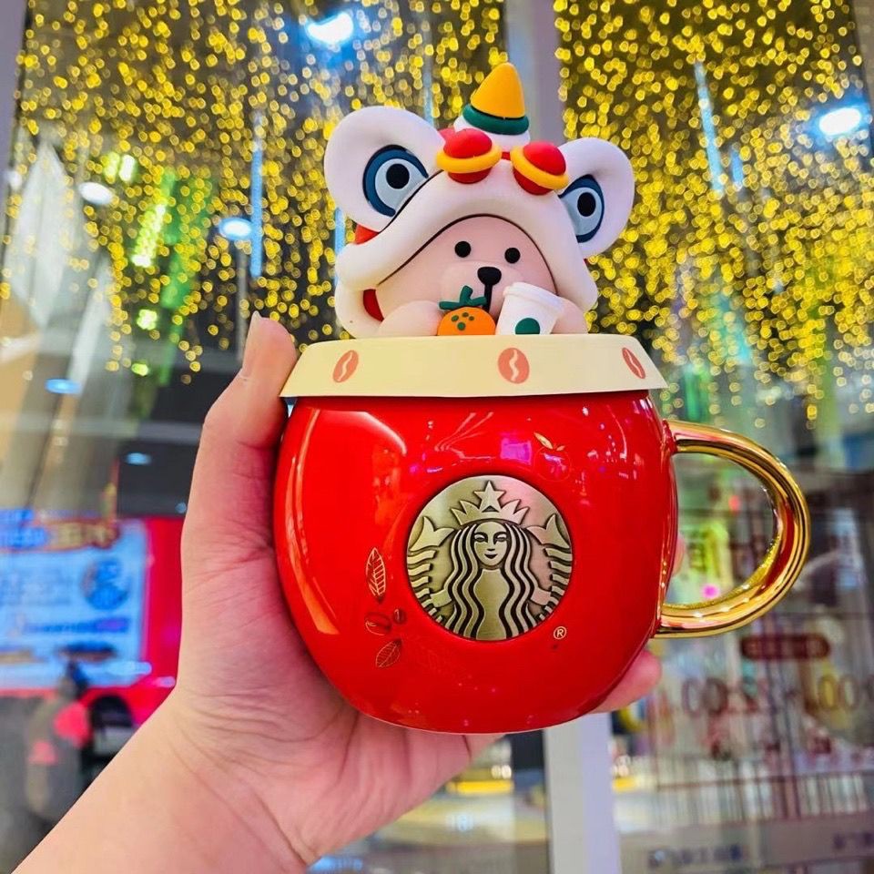 Starbucks New Year Gift Lion Dance Bear Drumming Ceramic Gold Handle