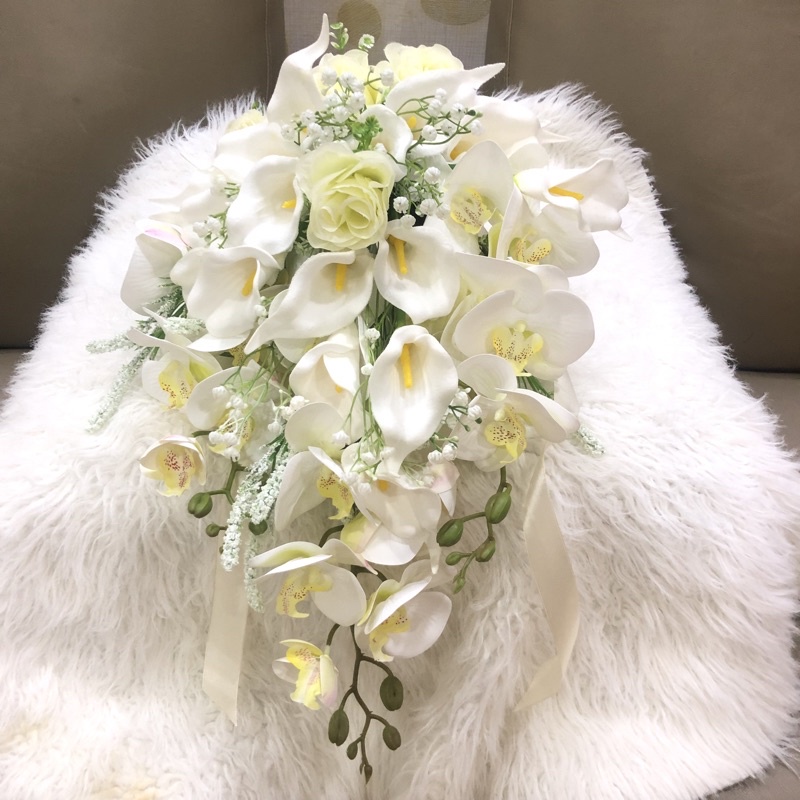Cascade Wedding Hand Bouquet Premium Quality Artificial Orchid flower mix roses cascading hand