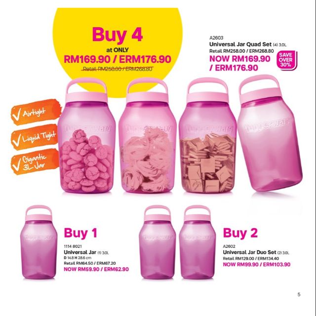 🔥Ready Stock🔥Tupperware Universal Jar Quad 3.0L (4pcs)