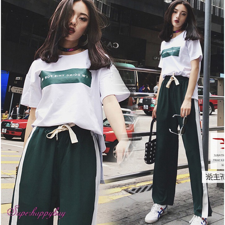 2pc/set Women Korean Fashion Letter Print T-Shirt + Stripe Long Pants  Setwear | Shopee Malaysia